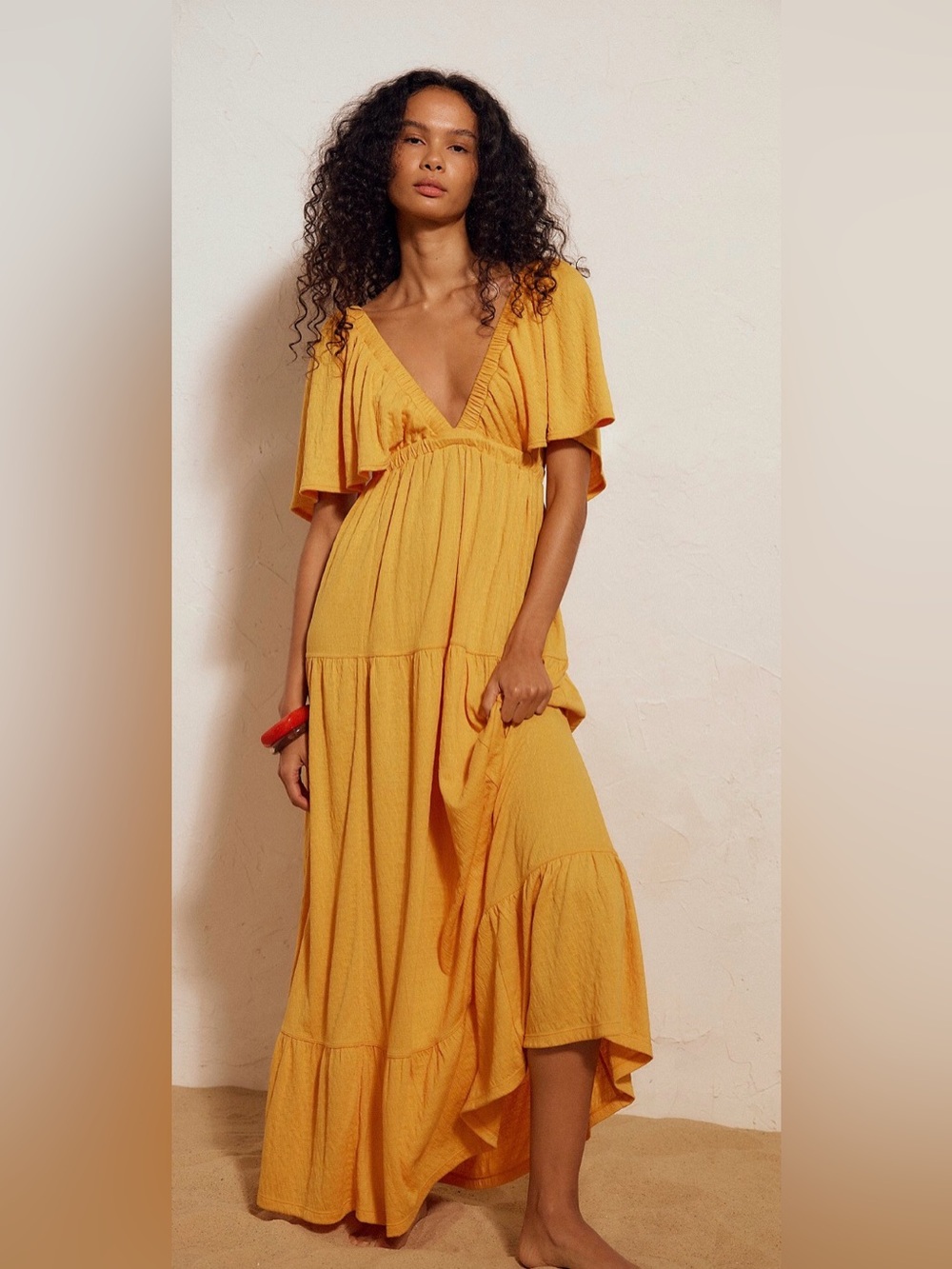 Free People Beach La La Maxi Dress Golden Pollen Knit V-Neck Ruffle Women’s S